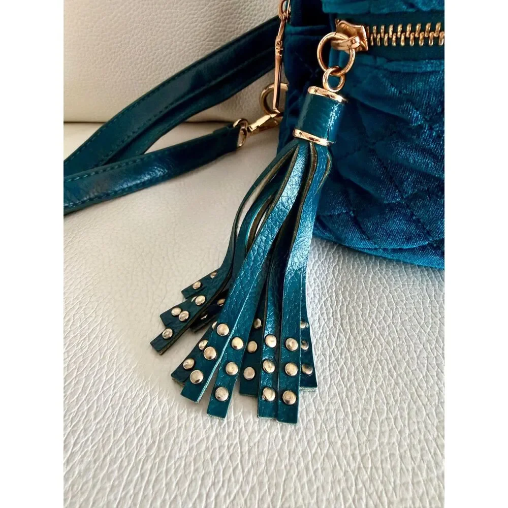 Bebe Teal Quilted Velvet Mini Backpack Gold Hardware Tassel Y2K